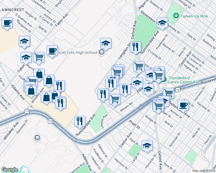map of restaurants, bars, coffee shops, grocery stores, and more near 874 Granite Street in Philadelphia