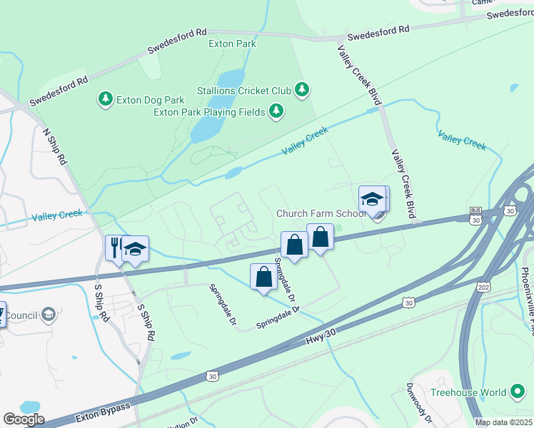map of restaurants, bars, coffee shops, grocery stores, and more near 22 Ladbroke Drive in Exton