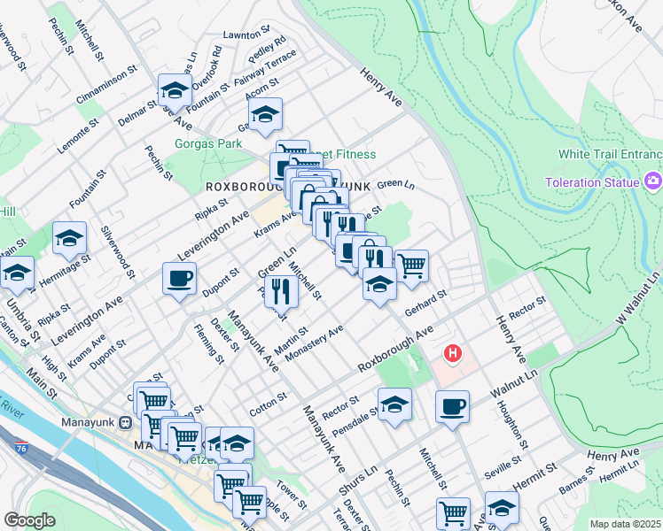 map of restaurants, bars, coffee shops, grocery stores, and more near 450 Lyceum Avenue in Philadelphia