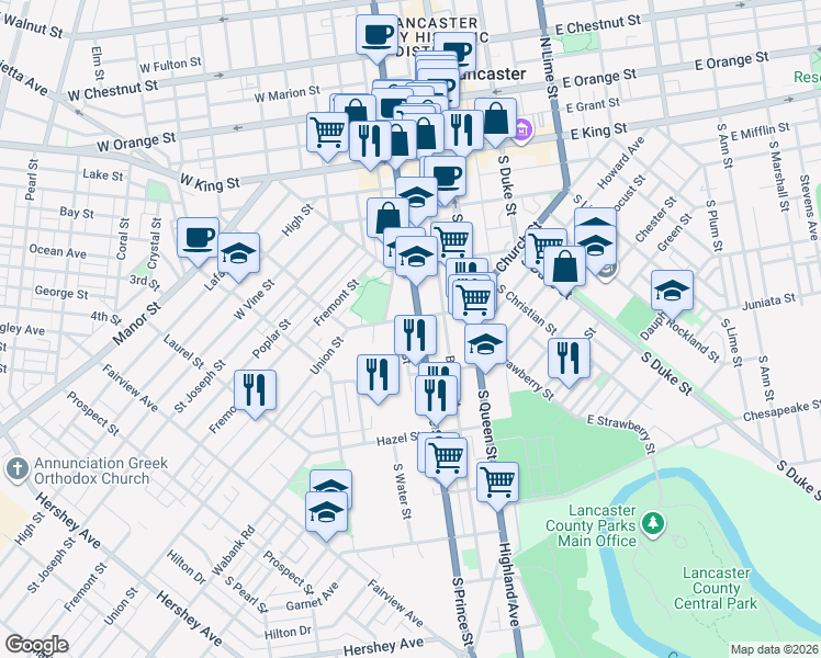map of restaurants, bars, coffee shops, grocery stores, and more near 337 South Prince Street in Lancaster
