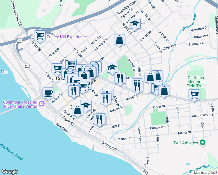 map of restaurants, bars, coffee shops, grocery stores, and more near 452 Avenue J in Columbia