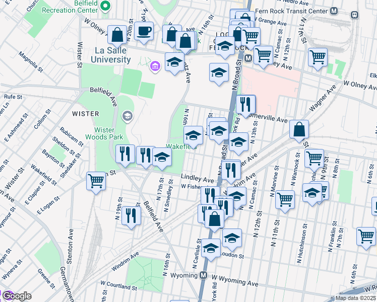 map of restaurants, bars, coffee shops, grocery stores, and more near 5201 North 16th Street in Philadelphia