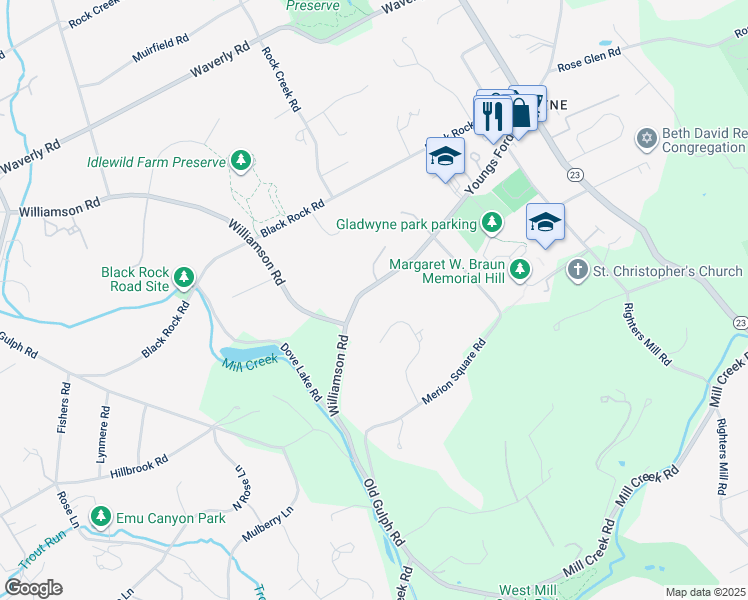 map of restaurants, bars, coffee shops, grocery stores, and more near 817 Youngs Ford Road in Gladwyne