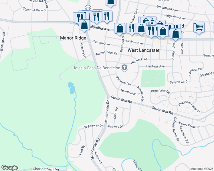 map of restaurants, bars, coffee shops, grocery stores, and more near 339 Millersville Road in Lancaster