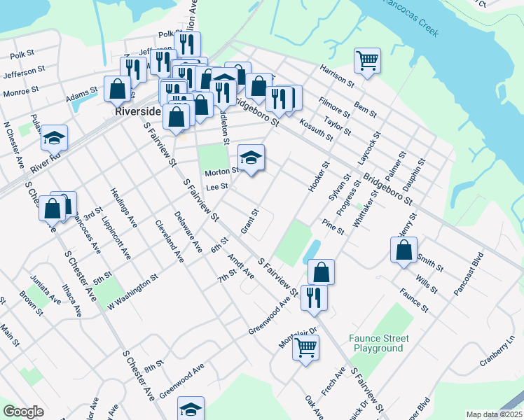 map of restaurants, bars, coffee shops, grocery stores, and more near 24 Grant Street in Riverside