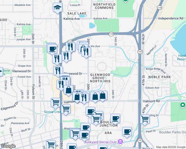 map of restaurants, bars, coffee shops, grocery stores, and more near in Boulder