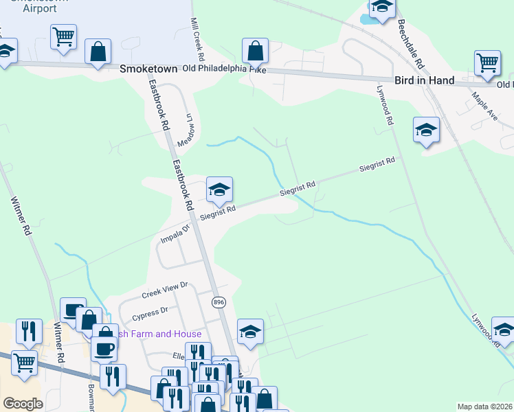 map of restaurants, bars, coffee shops, grocery stores, and more near 2538 Siegrist Road in Ronks