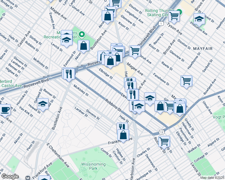 map of restaurants, bars, coffee shops, grocery stores, and more near 6353 Crafton Street in Philadelphia