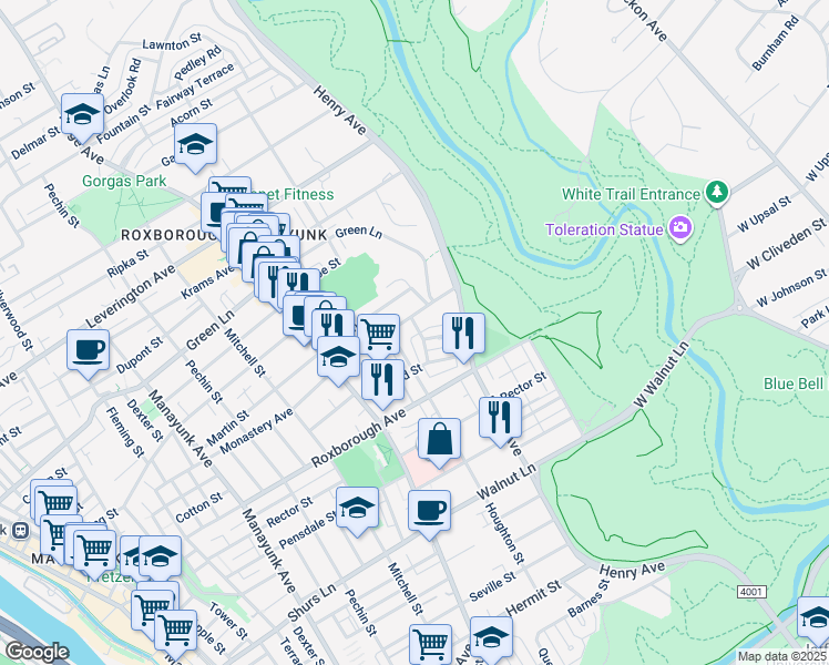 map of restaurants, bars, coffee shops, grocery stores, and more near 5955 Jannette Street in Philadelphia