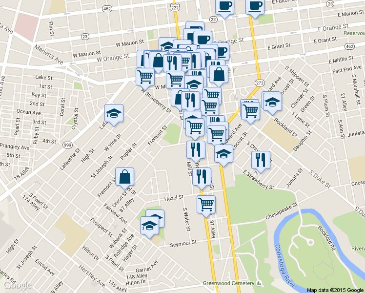 map of restaurants, bars, coffee shops, grocery stores, and more near 208 Conestoga Street in Lancaster