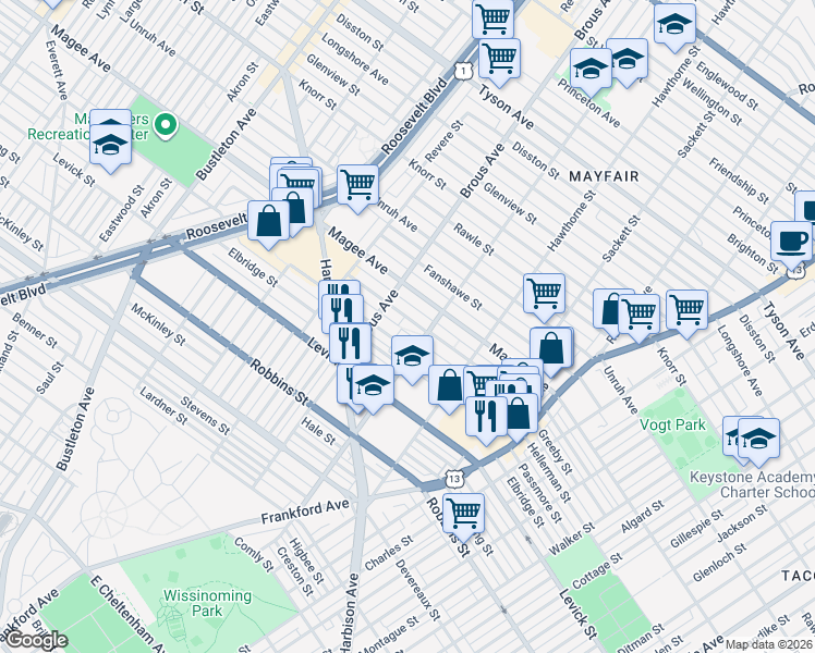 map of restaurants, bars, coffee shops, grocery stores, and more near 3007 Hellerman Street in Philadelphia