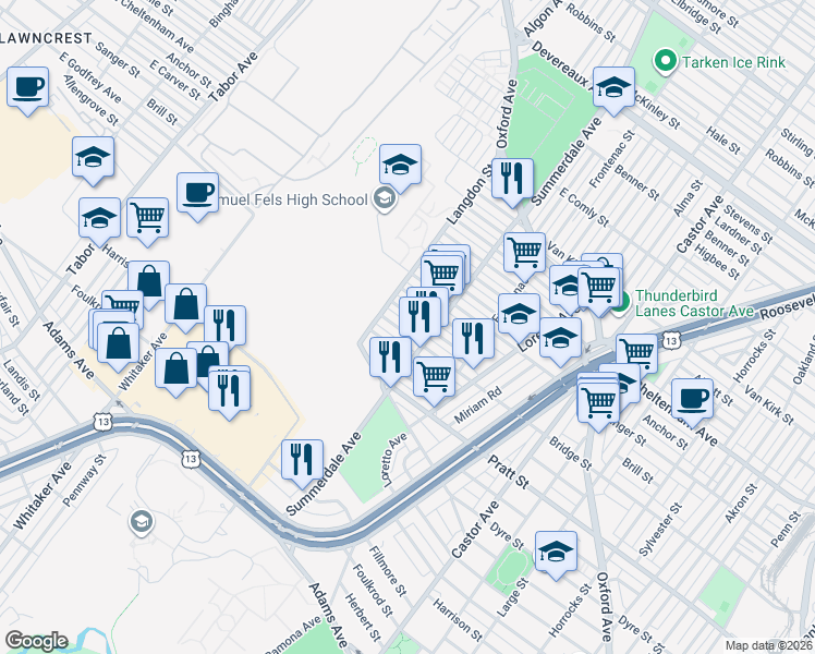 map of restaurants, bars, coffee shops, grocery stores, and more near 874 Granite Street in Philadelphia