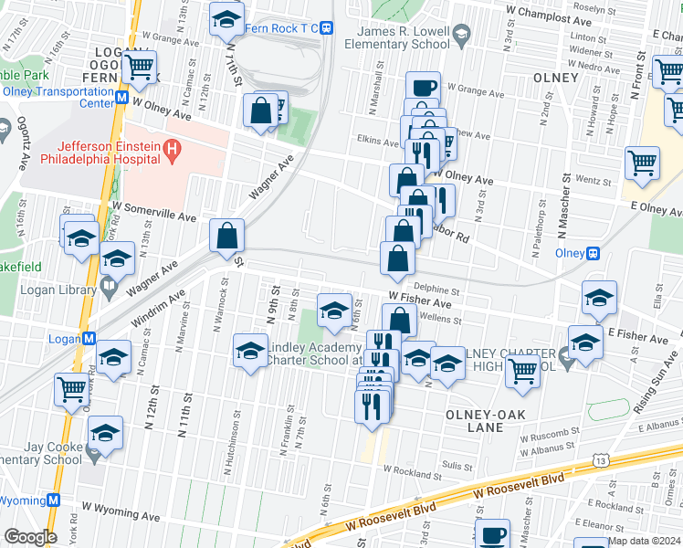 map of restaurants, bars, coffee shops, grocery stores, and more near 630 West Fisher Avenue in Philadelphia