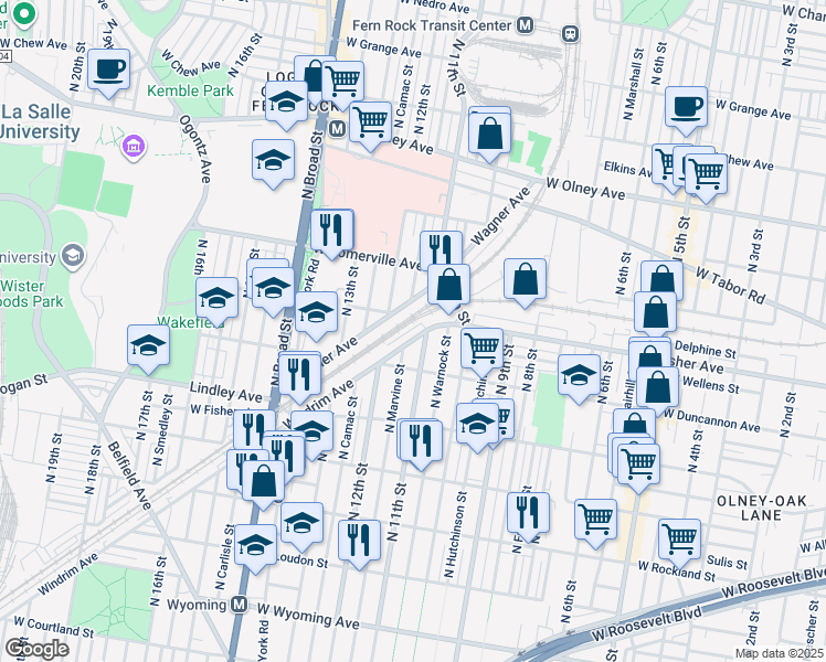 map of restaurants, bars, coffee shops, grocery stores, and more near 1117 Windrim Avenue in Philadelphia