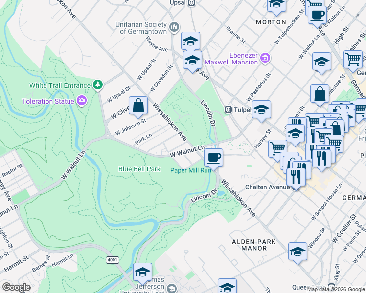 map of restaurants, bars, coffee shops, grocery stores, and more near 700 West Walnut Lane in Philadelphia
