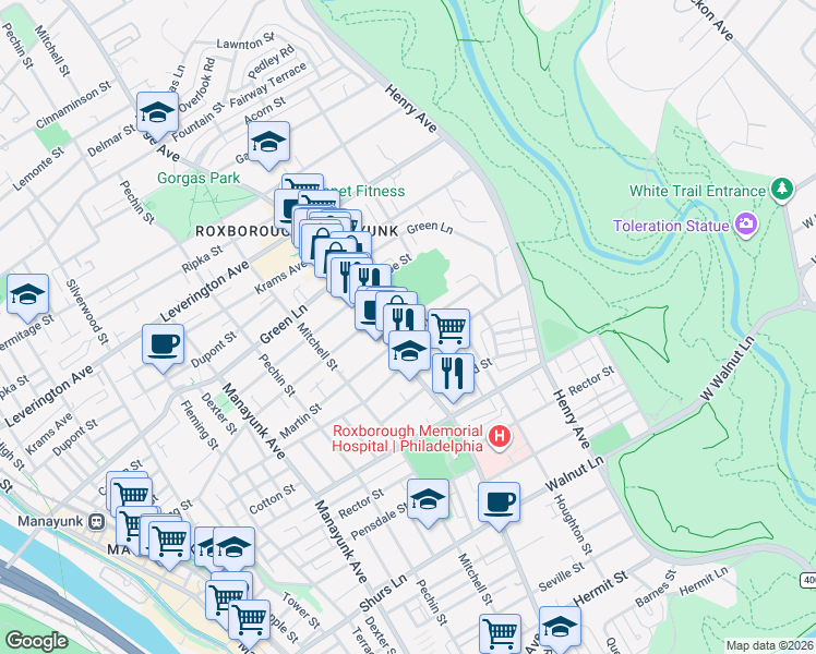 map of restaurants, bars, coffee shops, grocery stores, and more near 6001 Ridge Avenue in Philadelphia
