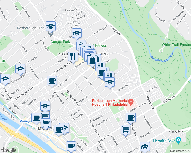 map of restaurants, bars, coffee shops, grocery stores, and more near 450 Lyceum Avenue in Philadelphia