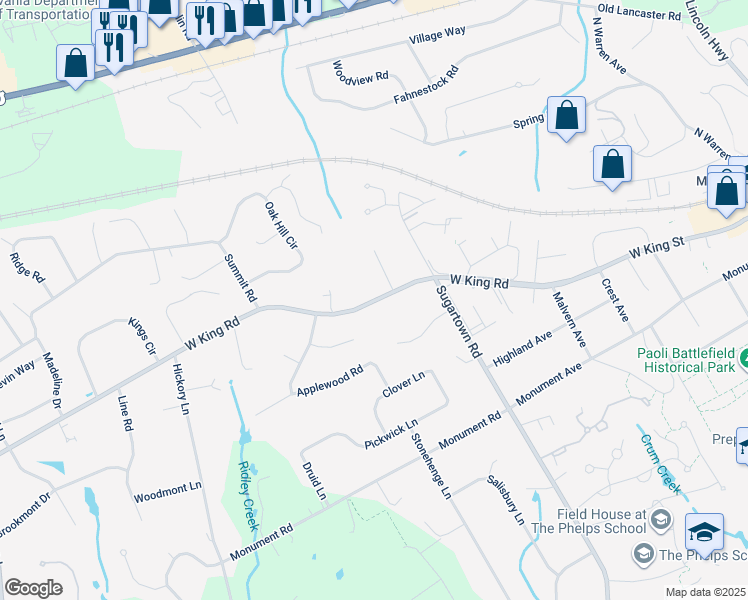 map of restaurants, bars, coffee shops, grocery stores, and more near 813 West King Road in Malvern