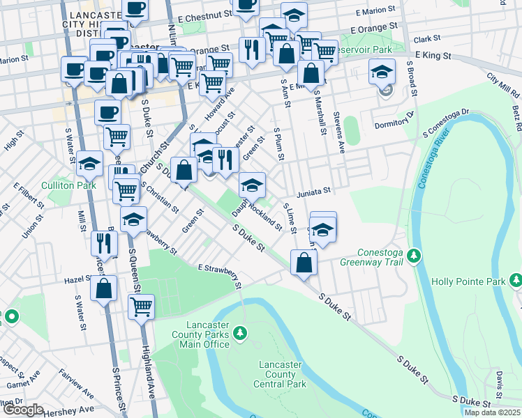 map of restaurants, bars, coffee shops, grocery stores, and more near 629 Rockland Street in Lancaster