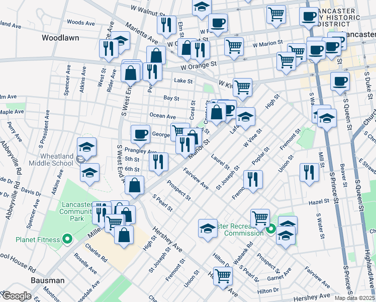 map of restaurants, bars, coffee shops, grocery stores, and more near 754 Manor Street in Lancaster
