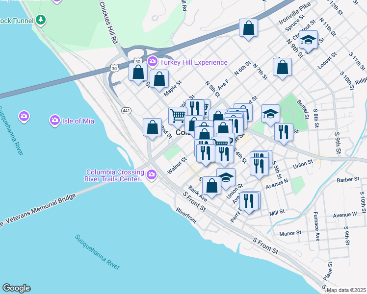 map of restaurants, bars, coffee shops, grocery stores, and more near 214 Walnut Street in Columbia