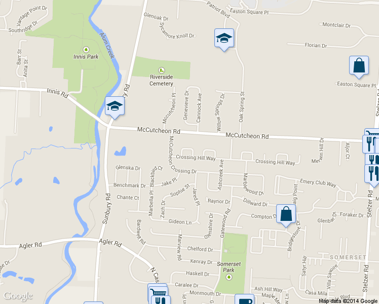map of restaurants, bars, coffee shops, grocery stores, and more near 3203 Crossing Hill Way in Columbus