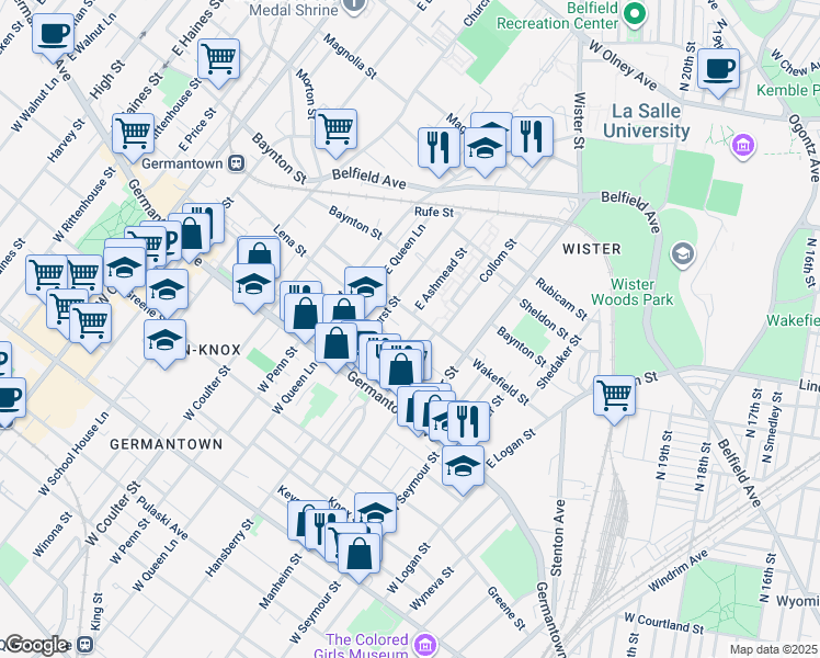 map of restaurants, bars, coffee shops, grocery stores, and more near 97 East Ashmead Street in Philadelphia
