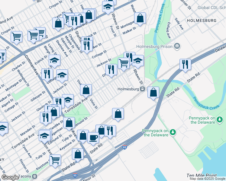 map of restaurants, bars, coffee shops, grocery stores, and more near 4734 Meridian Street in Philadelphia