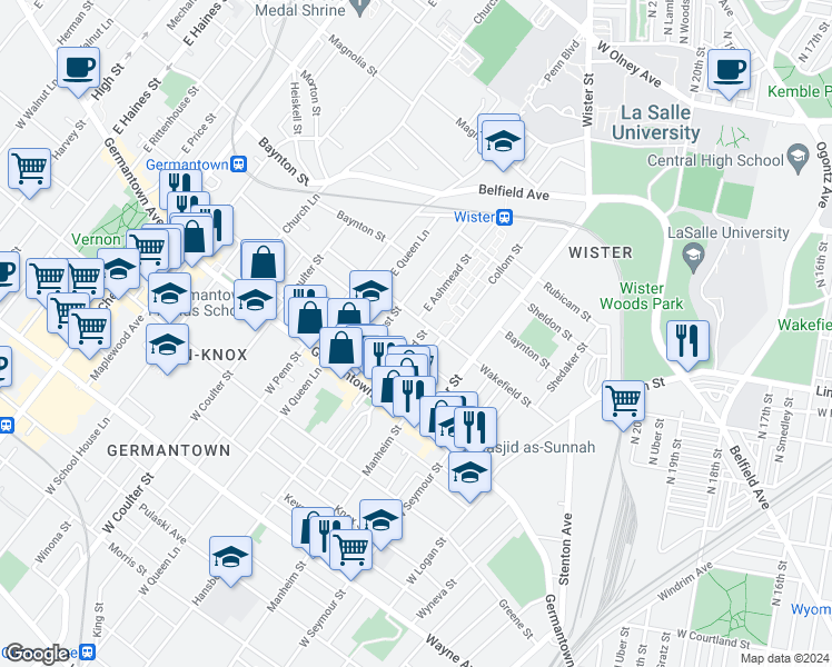 map of restaurants, bars, coffee shops, grocery stores, and more near 97 East Ashmead Street in Philadelphia