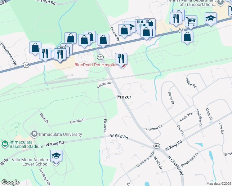 map of restaurants, bars, coffee shops, grocery stores, and more near in Frazer