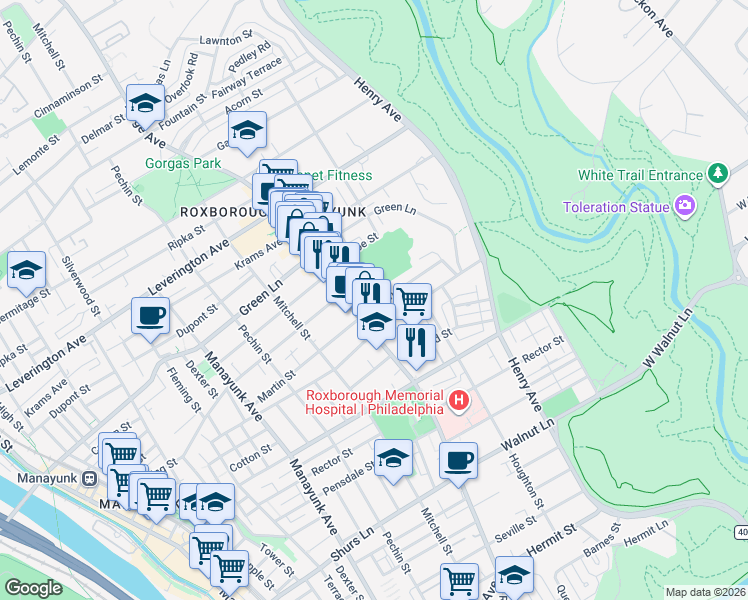 map of restaurants, bars, coffee shops, grocery stores, and more near 6001 Ridge Avenue in Philadelphia