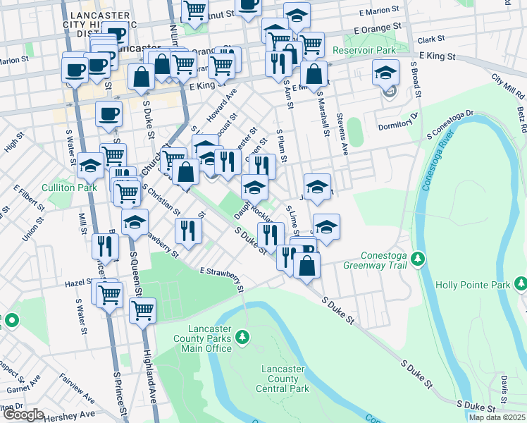 map of restaurants, bars, coffee shops, grocery stores, and more near 629 Rockland Street in Lancaster