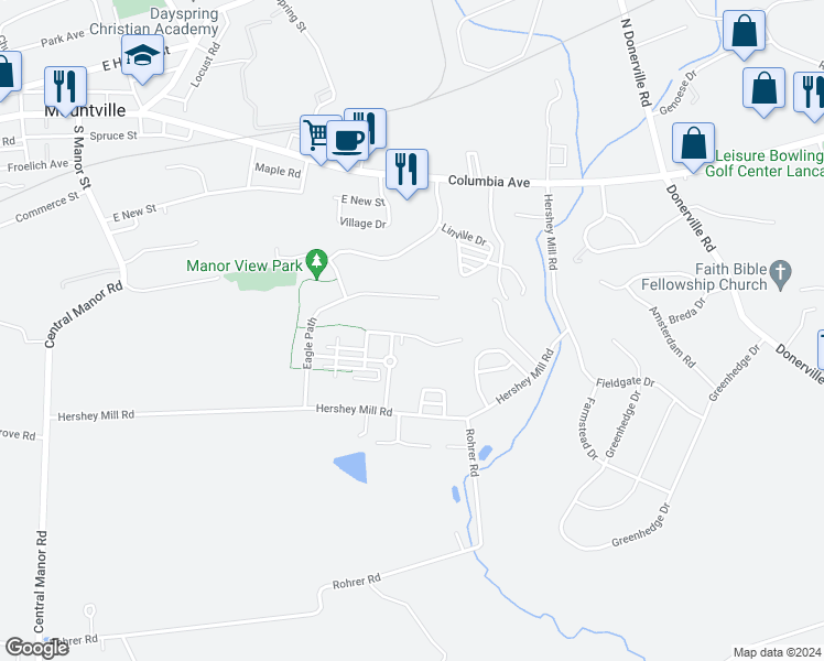 map of restaurants, bars, coffee shops, grocery stores, and more near 428 Talon Drive in Mountville