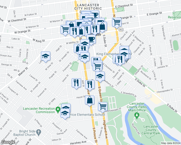 map of restaurants, bars, coffee shops, grocery stores, and more near 310 Beaver Street in Lancaster