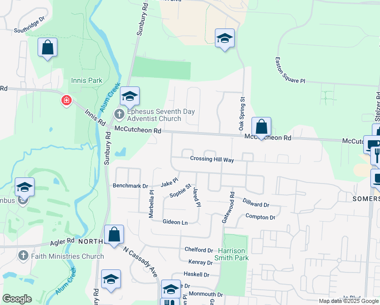 map of restaurants, bars, coffee shops, grocery stores, and more near 3203 Crossing Hill Way in Columbus