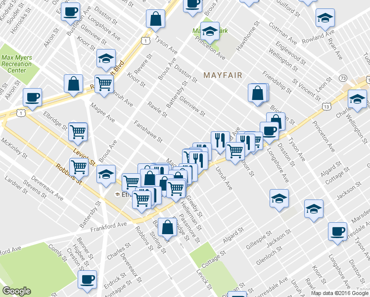 map of restaurants, bars, coffee shops, grocery stores, and more near 3140 Unruh Avenue in Philadelphia