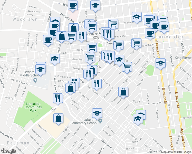 map of restaurants, bars, coffee shops, grocery stores, and more near 714 Manor Street in Lancaster