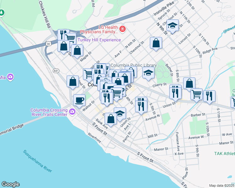 map of restaurants, bars, coffee shops, grocery stores, and more near 357 Locust Street in Columbia