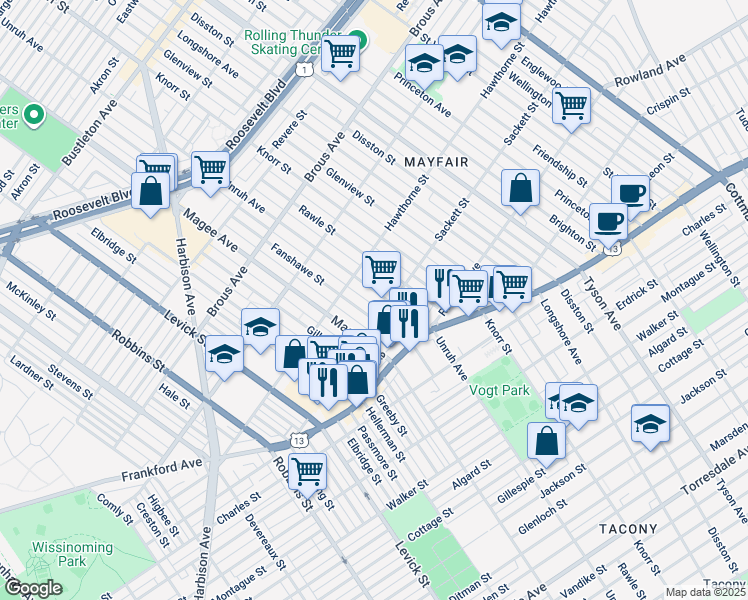 map of restaurants, bars, coffee shops, grocery stores, and more near 3140 Unruh Avenue in Philadelphia