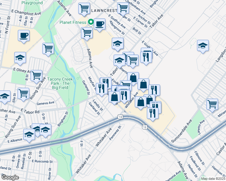 map of restaurants, bars, coffee shops, grocery stores, and more near 5318 Howland Street in Philadelphia