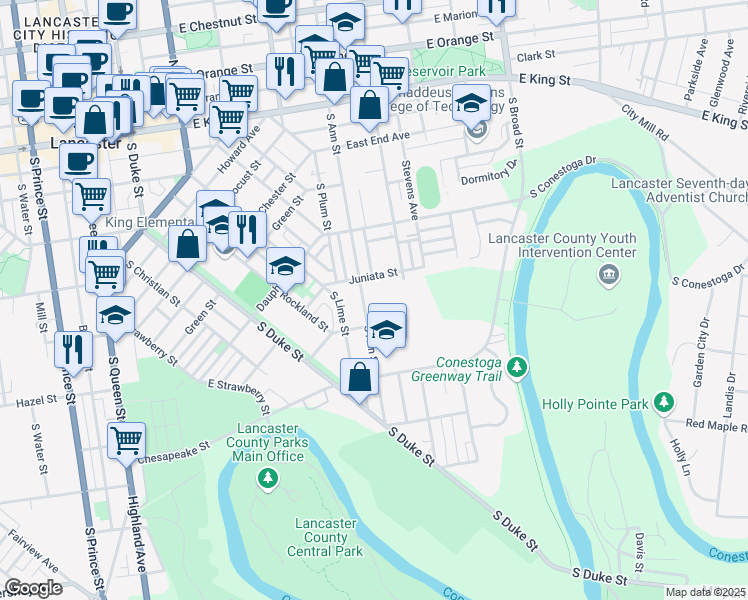 map of restaurants, bars, coffee shops, grocery stores, and more near 431 South Ann Street in Lancaster