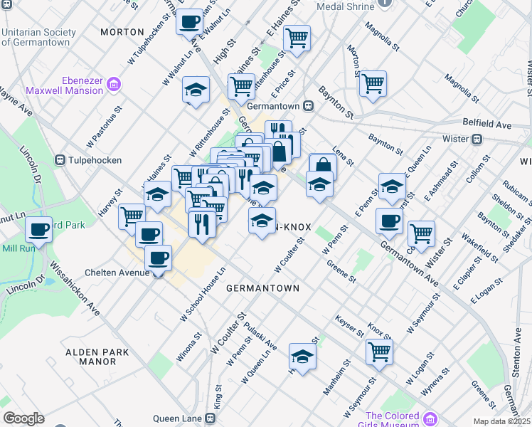 map of restaurants, bars, coffee shops, grocery stores, and more near 5436 Greene Street in Philadelphia