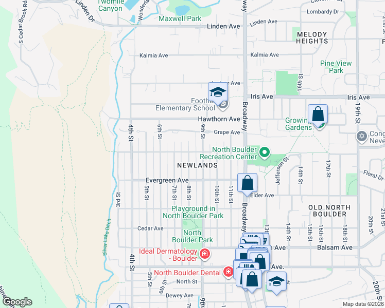 map of restaurants, bars, coffee shops, grocery stores, and more near 3190 8th Street in Boulder
