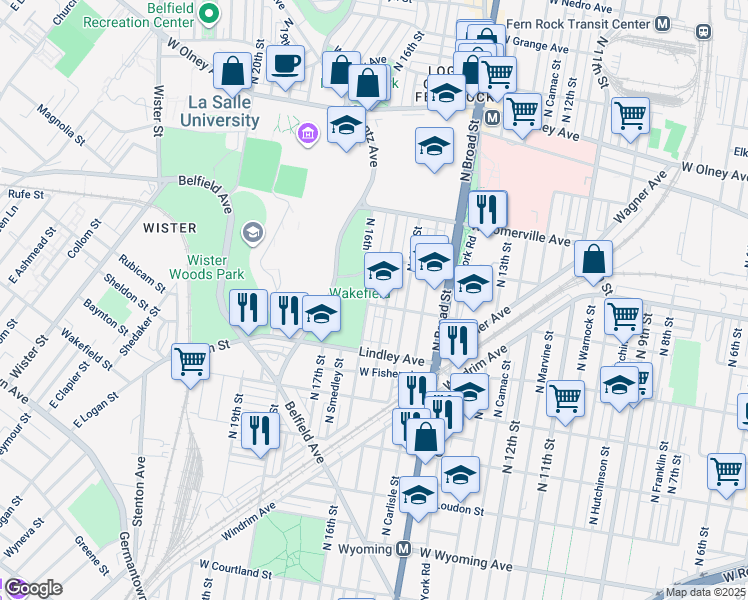 map of restaurants, bars, coffee shops, grocery stores, and more near 5201 North 16th Street in Philadelphia