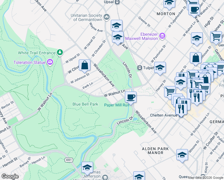 map of restaurants, bars, coffee shops, grocery stores, and more near 700 West Walnut Lane in Philadelphia