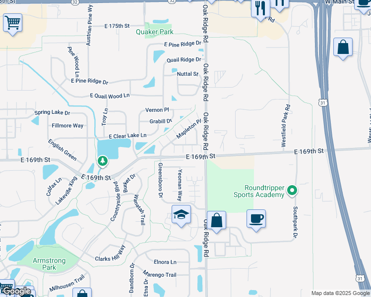 map of restaurants, bars, coffee shops, grocery stores, and more near 510 Elkhart Drive in Westfield