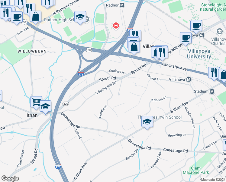 map of restaurants, bars, coffee shops, grocery stores, and more near 165 Woodstock Road in Villanova