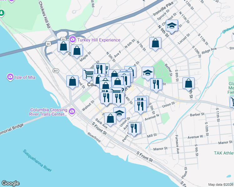 map of restaurants, bars, coffee shops, grocery stores, and more near 336 Locust Street in Columbia