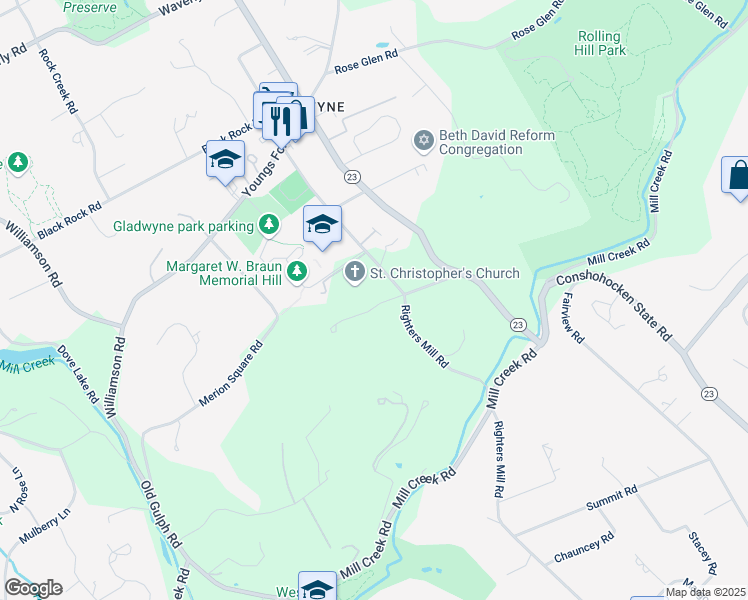 map of restaurants, bars, coffee shops, grocery stores, and more near 120 Righters Mill Road in Gladwyne