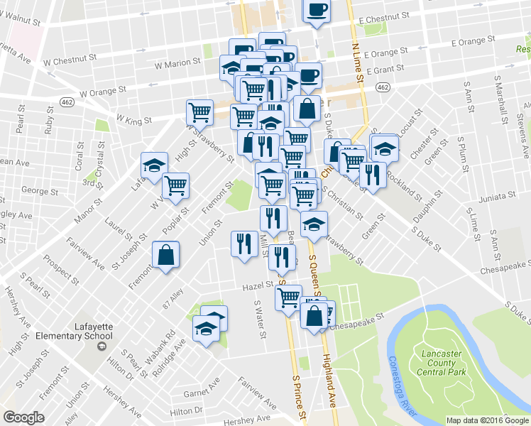 map of restaurants, bars, coffee shops, grocery stores, and more near 306 South Prince Street in Lancaster